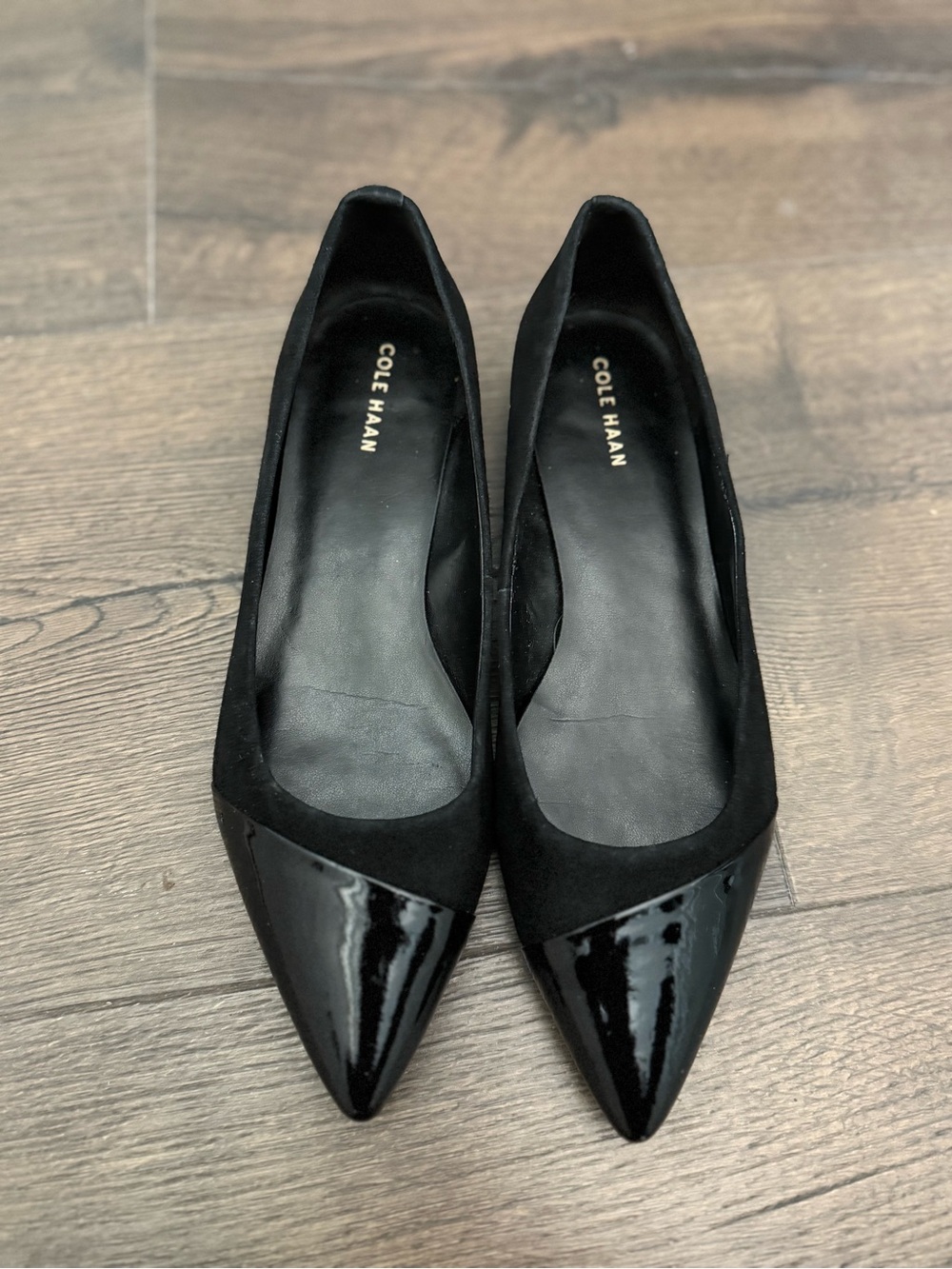 Cole Haan Black Pointed Patent-Toe Suede Flats